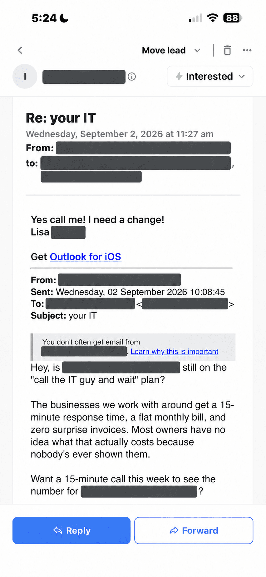 Redacted positive reply from a live IT cold email campaign saying Yes call me, I need a change